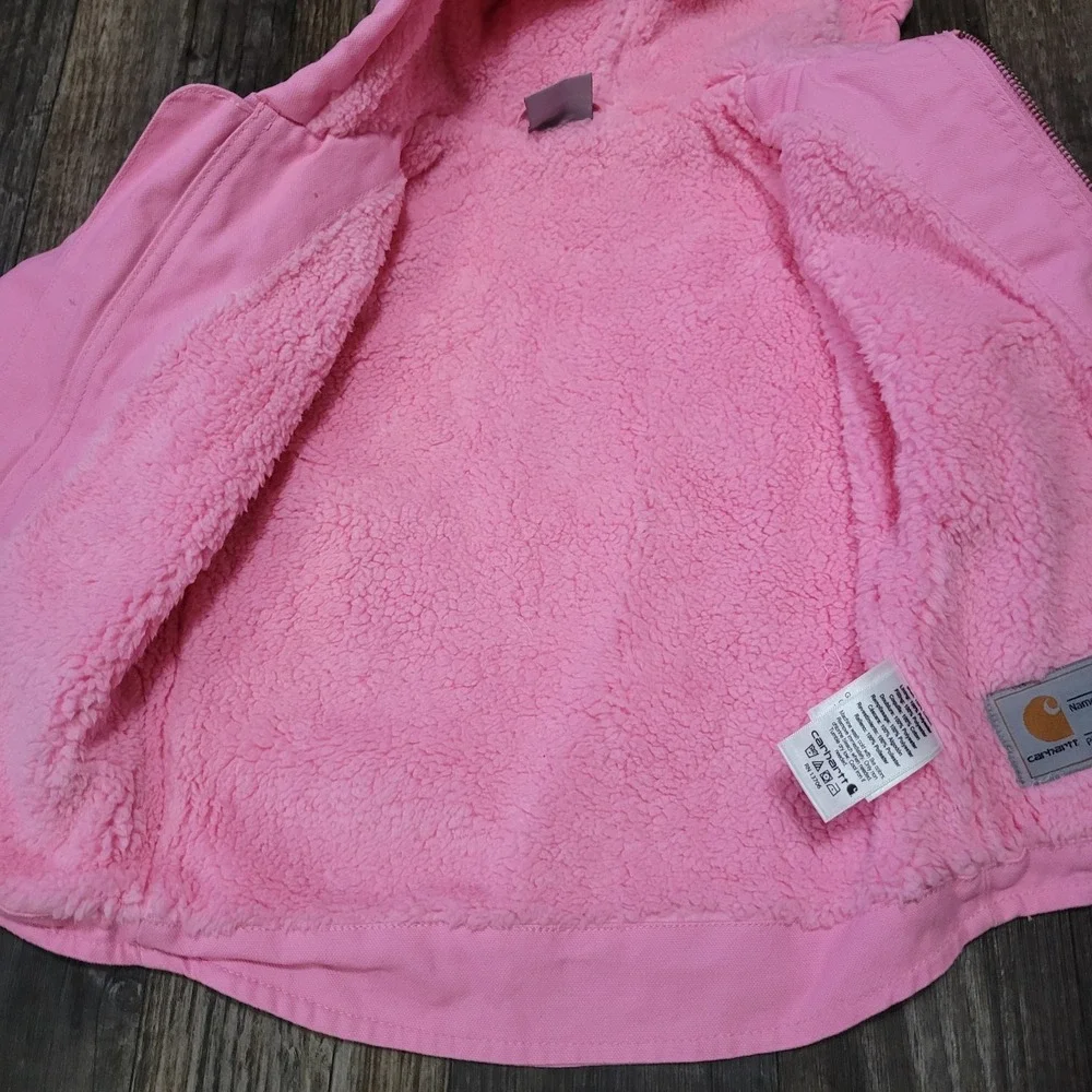 Carhartt Girls 3T Pink Washed Duck Hooded Jacket Sherpa Lined Full Zip Workwear